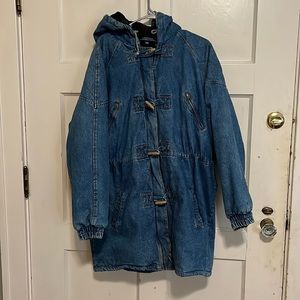 Vintage weathered blues denim flannel lined hooded parka women’s large L